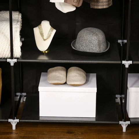 Rootz Wardrobe - Fabric Wardrobe Made Of Fleece - Folding Wardrobe - 1 Clothes Rail - 9 Shelves - Black - 150 cm x 43 cm x 162.5 cm