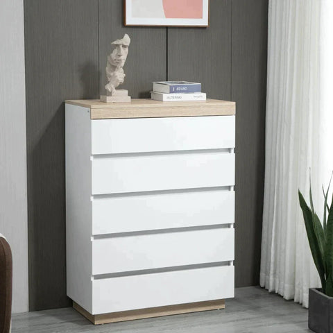Rootz Chest Of Drawers - Dresser - Drawer Cabinet - Cabinet - With 5 Drawers - Chipboard - White/Oak - 80 x 40 x 109 cm