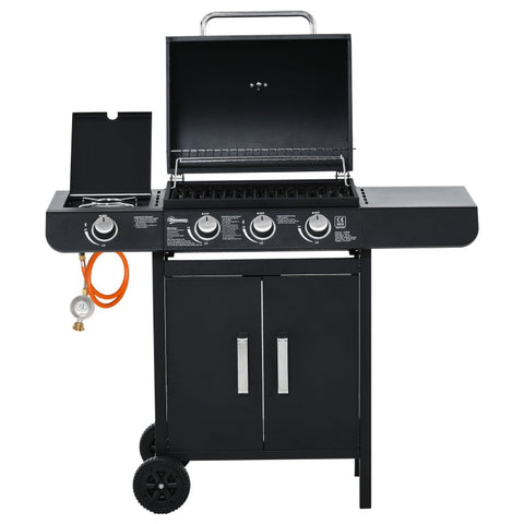 Rootz Gas Grill - Bbq Trolley With 3 Burners - 1 Side Burner - Pressure Reducer - Hoses Cabinet - Multifunction - Steel - Black - 110 x 50 x 100 cm