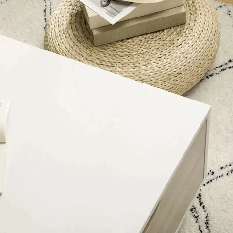 Rootz Couchtisch – Beistelltisch – Esszimmertisch – 2 Regale – 2 Schubladen – Spanplatte – Weiß/Natur – 106 cm x 58 cm x 39,5 cm