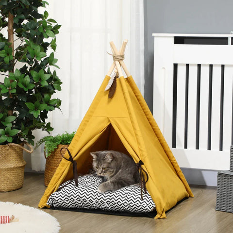 Rootz Pet Bed - Funny Teepee Design - with Soft Lounger Cushion - Floor Mat - for Dogs and Cats - Yellow - 60 x 60 x 76 cm
