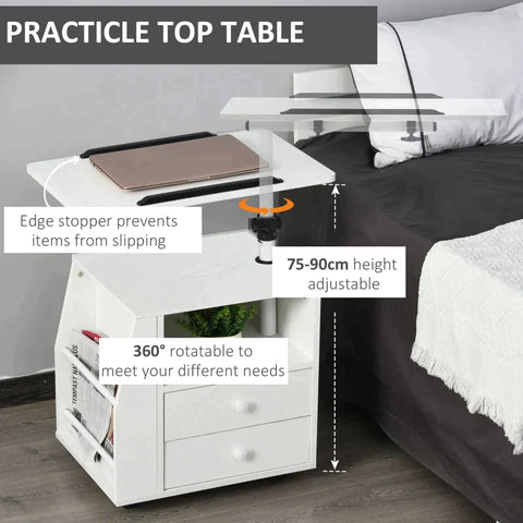 Rootz Side Trolley - Side Table - Flexible Tabletop - 2 Drawers - Newspaper Compartment - 4 Wheels - White - 60 x 40 x 90 cm