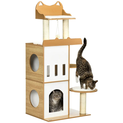 Rootz Scratching Post - Cat House With 2 Floors - Seating Platforms - Play Ball - White + Wood - 60 x 48 x 133 cm
