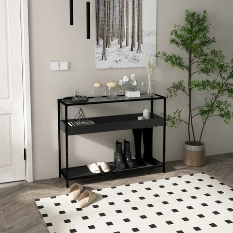 Rootz Console Table - 2 Shelves - Storage Space - Hallway Table - Hallway Console - Tempered Glass - Black - 100L x 30W x 78Hcm