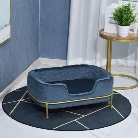 Rootz Dog Sofa - Dog Sofa with Backrest - Pet Sofa with Metal Legs - Dog Bed - Soft Cover - Cat Sofa - Metal - Blue + Gold - 63.5 x 43 x 24.5 cm