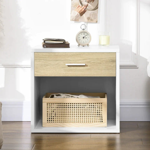 Rootz Bedside Table - Side Table - With Drawer - In Wood Look - Chipboard - White - 47.5 x 40 x 45cm