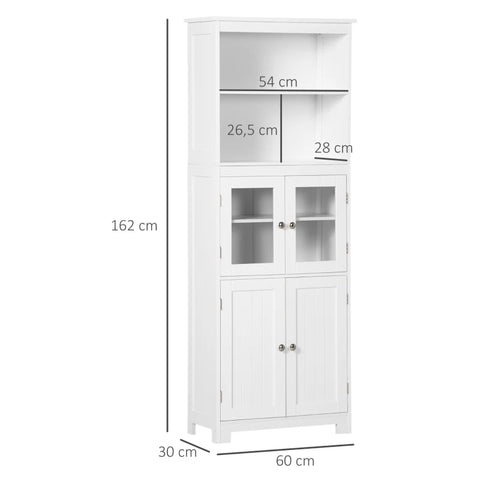 Rootz Kitchen Cabinet - 2 Shelves - Display Cabinet - Cupboard Compartment - MDF - Tempered Glass - White - 60 x 29 x 162 cm