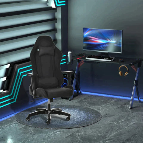 Rootz Gaming Stuhl – Bürostuhl – Ergonomischer Drehstuhl mit Kopfstütze – Stuhl mit Wipp- und Liegefunktion – Lendenkissen – 90–160° Neigungswinkel – Kunstleder – Schwarz – 71 x 58 x 125–131 cm