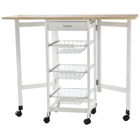 Rootz Kitchen Trolley - Drop-leaf Kitchen Trolley - Baskets Drawer - 6 Wheels Rolling Storage Unit - Kitchen - Home - Dining Cart - White/Brown - 97.2 cm x 37 cm x 77.5 cm