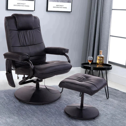 Rootz Relaxation Chair - Massage Chair - Relaxation Lounger With Reclining Function - TV Chair With Massage Function - Including Stool - Imitation Leather - Black - 77 x 84 x 95 cm