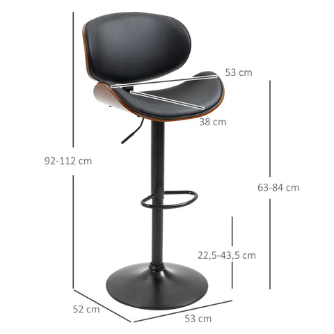 Rootz Bar Stool Set - Height Adjustable - Swivel Faux Leather - Steel Frame - Black - 53 x 50.5 x 112.5 cm