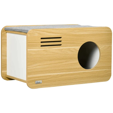 Rootz Cat House - Cat Cave - Lying Area On The Roof - Scratching Wall - For Cats Up To 5kg - Wood + Gray + White - 70 x 40 x 40cm