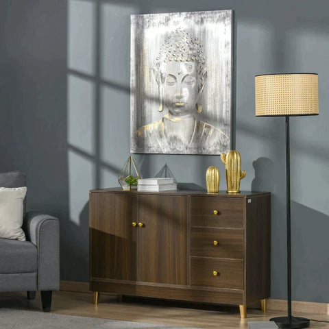 Rootz Wall Art - Muurschildering - Schilderij - Muurkunst Boeddha - Muurfoto's - Voor Woonkamer Slaapkamer Decor - Goud/Grijs - 100L x 80W x 2.8H cm