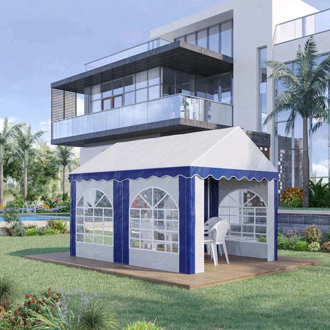 Rootz Party Tent - Beer Tent - Removable Side Walls - Four Large Windows - Steel + Plastic - White + Blue - 4 x 3 m