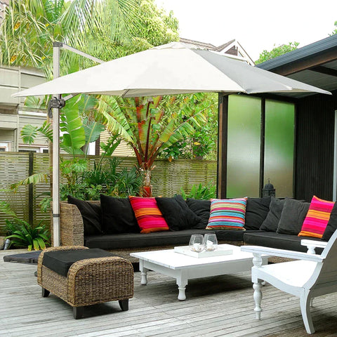 Rootz Parasol - Cantilever Parasol - Garden Umbrella - Hand Crank - 360° Rotating - Aluminum - Cream/White - 2.96 x 2.96 x 2.65 m