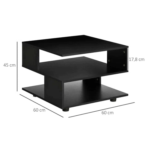 Rootz Side Table - Bedside Table - Coffee Table - Modern Design - 3 Storage Levels - Chipboard - Black - 60 x 60 x 45cm
