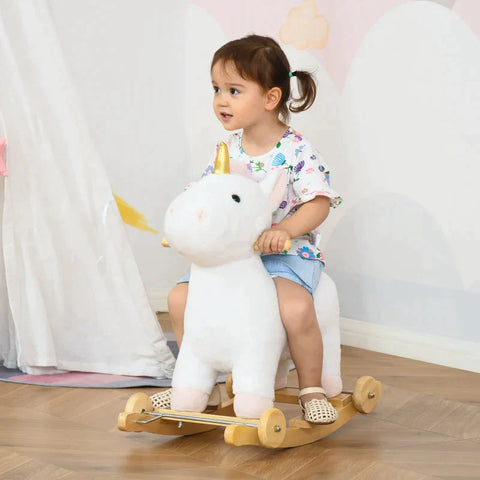 Rootz Rocking Horse - 2-IN-1 Rocking Horse - Wheels Plush - Rocking Animal - Baby Swing Toy - White - 63 x 38 x 63 cm
