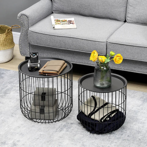 Rootz Set Of 2 Side Tables In Scandi Design - With Storage Space - Stackable - Comfortable Couch - Steel - Black - 40cm x 40cm x 40cm