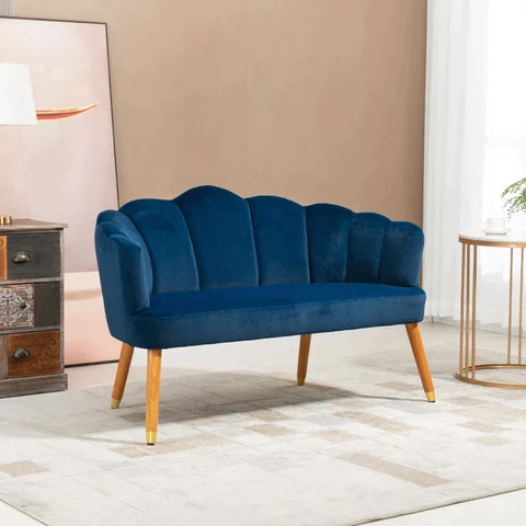 Rootz 2-seater Sofa - Retro Design - Wooden Legs - Velvet Touch - Dark Blue - 132 cm x 66 cm x 80 cm