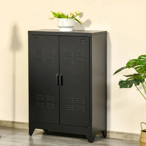 Rootz Sideboard - Filing Cabinet With Louvered Doors Wardrobe - Storage Cabinet - Industrial Metal Cabinet With 2 Adjustable Shelves - Living Room - Bedroom - Black - 75 x 33 x 110 cm