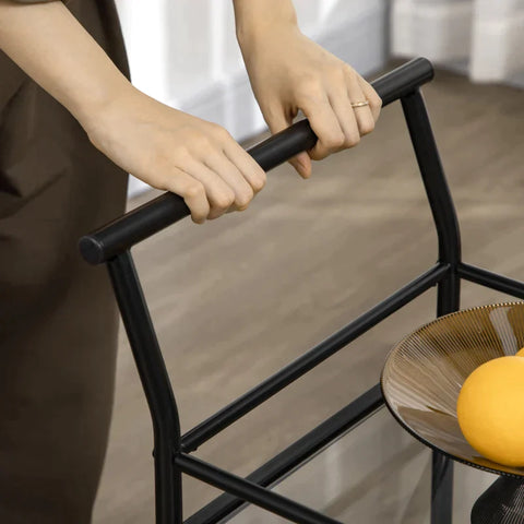 Rootz Kitchen Trolley - Serving Trolley - With 4 Wheels - 2 Shelves And Handles - Black - 75 cm x 40 cm x 80 cm