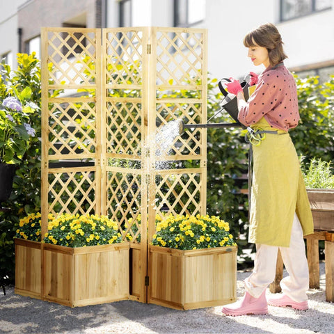 Rootz Garden Screen - Triple Folding - 4 Flower Boxes - Privacy Screen - Solid Wood - Natural - 133 x 62 x 165 cm