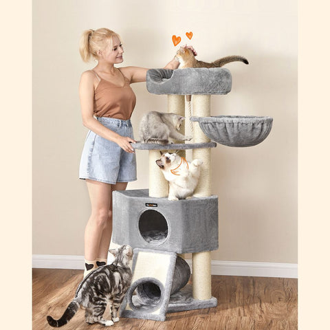 Rootz Cat Tree - Scratching Post With Tunnel - Scratching Post With Litter Box Cabinet - Cat Climbing Tree - Cat Activity Tree - Cat Play Tree - Modern Cat Tree - Cat Tree House - Chipboard - Plush - Sisal - Greige - 80 x 53 x 49.2 cm (L x W x H)