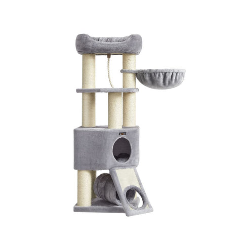 Rootz Cat Tree - Scratching Post With Tunnel - Scratching Post With Litter Box Cabinet - Cat Climbing Tree - Cat Activity Tree - Cat Play Tree - Modern Cat Tree - Cat Tree House - Chipboard - Plush - Sisal - Greige - 80 x 53 x 49.2 cm (L x W x H)