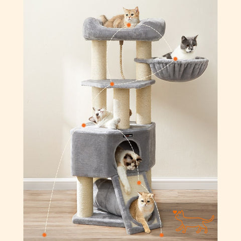 Rootz Cat Tree - Scratching Post With Tunnel - Scratching Post With Litter Box Cabinet - Cat Climbing Tree - Cat Activity Tree - Cat Play Tree - Modern Cat Tree - Cat Tree House - Chipboard - Plush - Sisal - Greige - 80 x 53 x 49.2 cm (L x W x H)