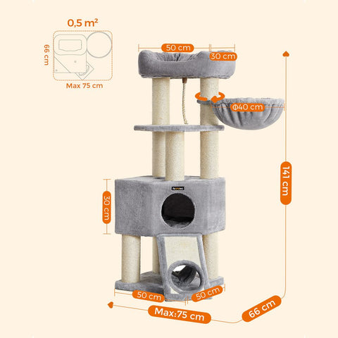 Rootz Cat Tree - Scratching Post With Tunnel - Scratching Post With Litter Box Cabinet - Cat Climbing Tree - Cat Activity Tree - Cat Play Tree - Modern Cat Tree - Cat Tree House - Chipboard - Plush - Sisal - Greige - 80 x 53 x 49.2 cm (L x W x H)