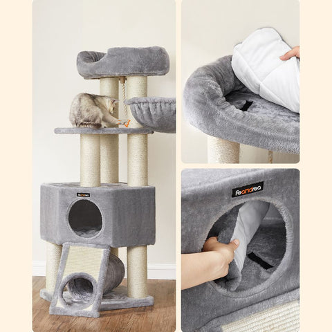 Rootz Cat Tree - Scratching Post With Tunnel - Scratching Post With Litter Box Cabinet - Cat Climbing Tree - Cat Activity Tree - Cat Play Tree - Modern Cat Tree - Cat Tree House - Chipboard - Plush - Sisal - Greige - 80 x 53 x 49.2 cm (L x W x H)