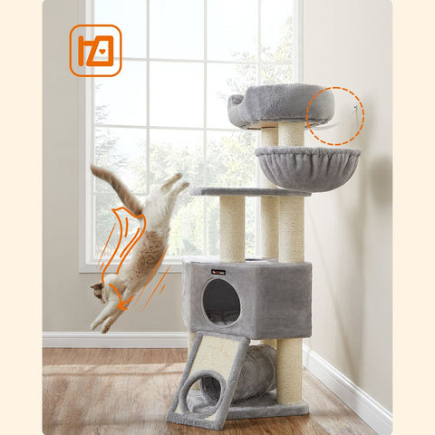Rootz Cat Tree - Scratching Post With Tunnel - Scratching Post With Litter Box Cabinet - Cat Climbing Tree - Cat Activity Tree - Cat Play Tree - Modern Cat Tree - Cat Tree House - Chipboard - Plush - Sisal - Greige - 80 x 53 x 49.2 cm (L x W x H)