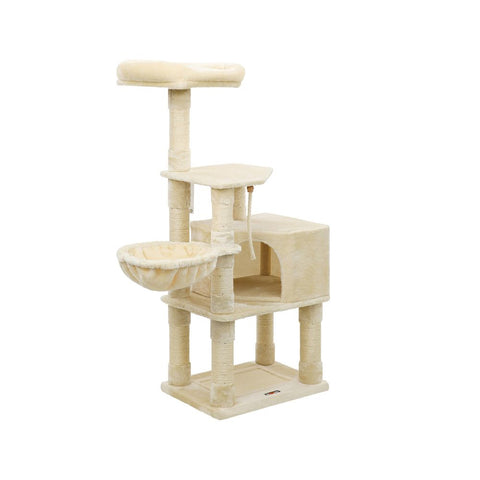 Rootz Kratzbaum – Kratzbaum mit Höhle – Kratzbaum mit Katzenklo-Schrank – Katzenkletterbaum – Katzenaktivitätsbaum – Katzenspielbaum – moderner Kratzbaum – Kratzbaumhaus – Spanplatte – Plüsch – Sisal – Beige – 55 x 40 x 138 cm (L x B x H)