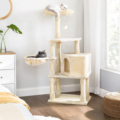 Rootz Kratzbaum – Kratzbaum mit Höhle – Kratzbaum mit Katzenklo-Schrank – Katzenkletterbaum – Katzenaktivitätsbaum – Katzenspielbaum – moderner Kratzbaum – Kratzbaumhaus – Spanplatte – Plüsch – Sisal – Beige – 55 x 40 x 138 cm (L x B x H)