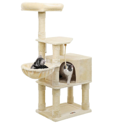 Rootz Kratzbaum – Kratzbaum mit Höhle – Kratzbaum mit Katzenklo-Schrank – Katzenkletterbaum – Katzenaktivitätsbaum – Katzenspielbaum – moderner Kratzbaum – Kratzbaumhaus – Spanplatte – Plüsch – Sisal – Beige – 55 x 40 x 138 cm (L x B x H)