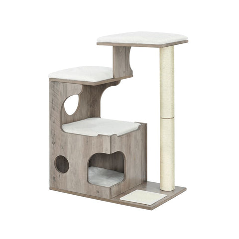 Rootz Scratching Post - Scratching Post With Cave - Cat Tree - Cat Climbing Tree - Cat Activity Tree - Cat Play Tree - Modern Cat Tree - Cat Tree House - Plush - Sisal - MDF - Greige-white - 66 x 40 x 86 cm (L x W x H)