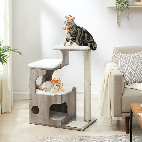 Rootz Scratching Post - Scratching Post With Cave - Cat Tree - Cat Climbing Tree - Cat Activity Tree - Cat Play Tree - Modern Cat Tree - Cat Tree House - Plush - Sisal - MDF - Greige-white - 66 x 40 x 86 cm (L x W x H)
