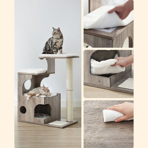 Rootz Scratching Post - Scratching Post With Cave - Cat Tree - Cat Climbing Tree - Cat Activity Tree - Cat Play Tree - Modern Cat Tree - Cat Tree House - Plush - Sisal - MDF - Greige-white - 66 x 40 x 86 cm (L x W x H)