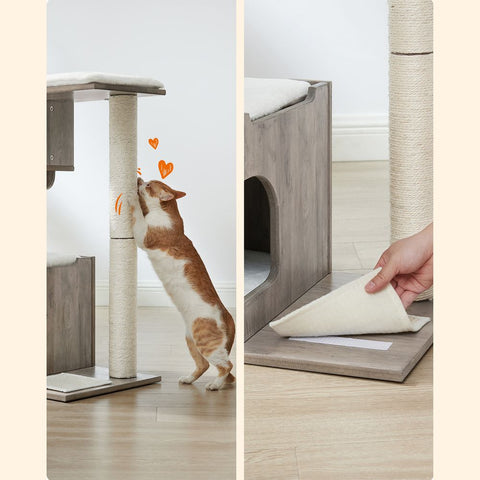 Rootz Scratching Post - Scratching Post With Cave - Cat Tree - Cat Climbing Tree - Cat Activity Tree - Cat Play Tree - Modern Cat Tree - Cat Tree House - Plush - Sisal - MDF - Greige-white - 66 x 40 x 86 cm (L x W x H)