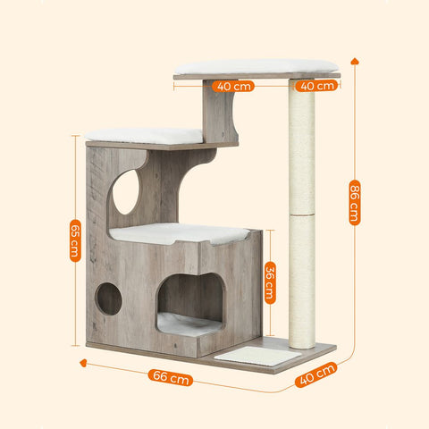 Rootz Scratching Post - Scratching Post With Cave - Cat Tree - Cat Climbing Tree - Cat Activity Tree - Cat Play Tree - Modern Cat Tree - Cat Tree House - Plush - Sisal - MDF - Greige-white - 66 x 40 x 86 cm (L x W x H)