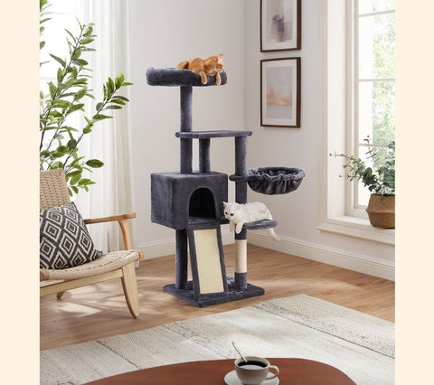 Rootz Cat Tree - Scratching Post With Cave - Cat Tree With Sunbathing Area - Cat Climbing Tree - Cat Activity Tree - Cat Play Tree - Modern Cat Tree - Cat Tree House - Chipboard - Plush - Sisal - Dark Gray - 46 x 41 x 135 cm (L x W x H)