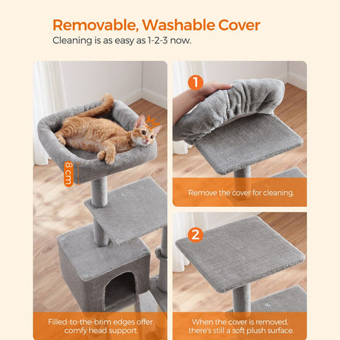 Rootz Cat Tree - Scratching Post With Cave - Cat Tree With Platforms - Cat Climbing Tree - Cat Activity Tree - Cat Play Tree - Modern Cat Tree - Cat Tree House - Chipboard - Plush - Sisal -  Light Gray - 46 x 41 x 135 cm (L x W x H)