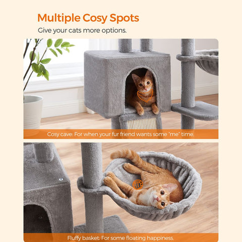 Rootz Cat Tree - Scratching Post With Cave - Cat Tree With Platforms - Cat Climbing Tree - Cat Activity Tree - Cat Play Tree - Modern Cat Tree - Cat Tree House - Chipboard - Plush - Sisal -  Light Gray - 46 x 41 x 135 cm (L x W x H)