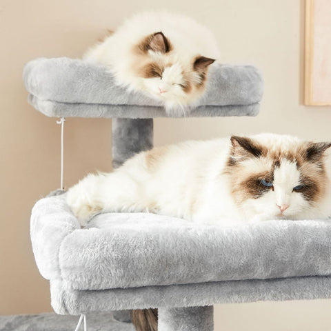 Rootz Scratching Post - Cat Tree - Cat Tree With Soft Plush - Large Cat Tree - Cat Tower - Cat Scratching Post - Multi-level Cat Tree - Wall-mounted Cat Tree - Modern Cat Tree - Cat Tree With Toys - Chipboard - Light Grey - 50 x 35 x 115 cm (L x W x H)