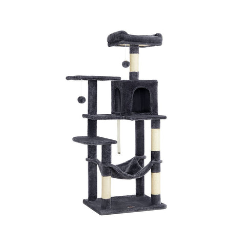Rootz Cat Tree - Scratching Post With Hammock - Cat Climbing Tree - Cat Activity Tree - Cat Play Tree - Modern Cat Tree - Cat Tree House - Chipboard - Plush - Sisal - Smoke Gray - 55 x 45 x 143 cm (L x W x H)