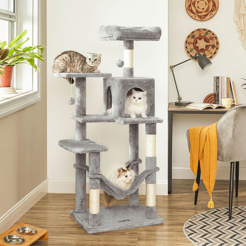 Rootz Cat Tree - Cat Tree With Hammock - Scratching Post - Cat Scratching Post - Modern Cat Tree - Tall Cat Tree - Cat Tree With Hammock - Grey