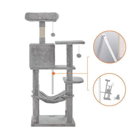 Rootz Cat Tree - Cat Tree With Hammock - Scratching Post - Cat Scratching Post - Modern Cat Tree - Tall Cat Tree - Cat Tree With Hammock - Grey