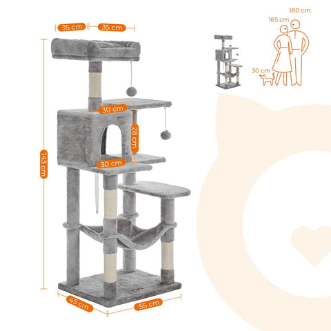 Rootz Cat Tree - Cat Tree With Hammock - Scratching Post - Cat Scratching Post - Modern Cat Tree - Tall Cat Tree - Cat Tree With Hammock - Grey