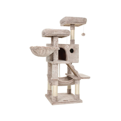 Rootz Scratching Post - Cat Tree - Cat Tower - Cat Scratching Post - Cat Tree With A Soft Cover - Scratching Post With Toy - Light Brown - 49 x 49 x 135 cm