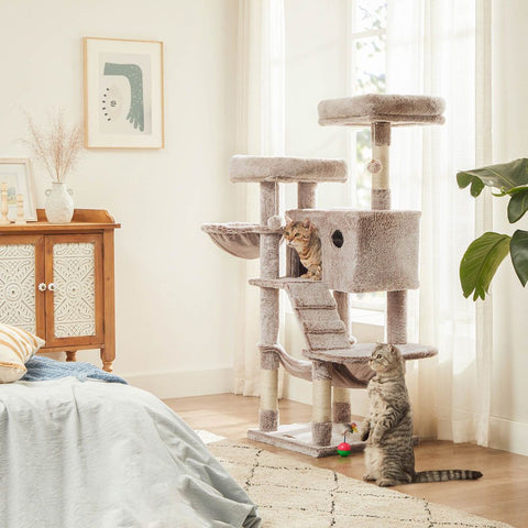 Rootz Scratching Post - Cat Tree - Cat Tower - Cat Scratching Post - Cat Tree With A Soft Cover - Scratching Post With Toy - Light Brown - 49 x 49 x 135 cm